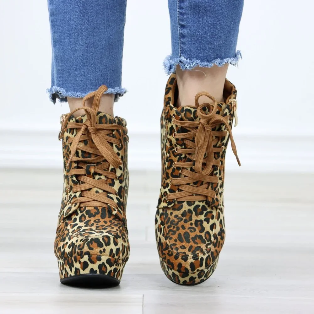 Leopard Platform Ankle Boots High Heel Leopard Faux Suede Lace-Up Block - Picture 9 of 12